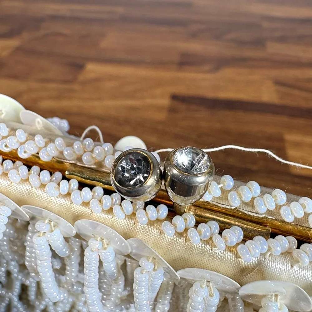 Vintage Ohrbach’s Beaded Evening Clutch Hong Kong White Looped Beads